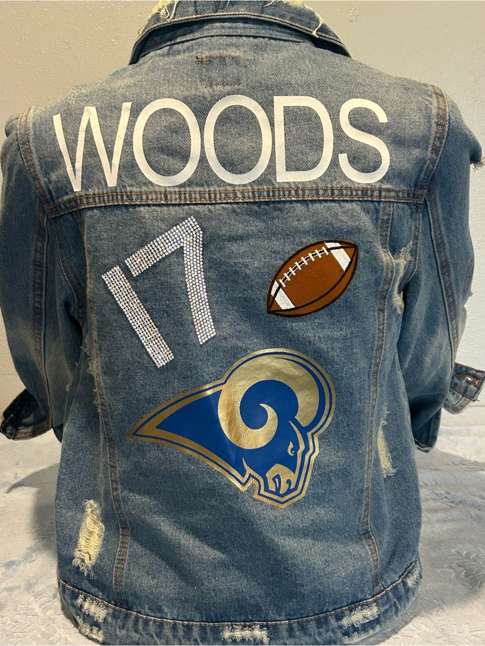 Custom Los Angeles Rams Distressed Denim Jacket Game Day Streetwear Small